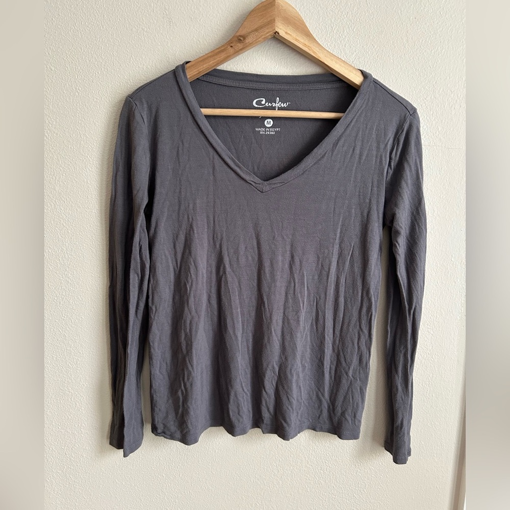 Grey Long Sleeve V Neck T Shirt
